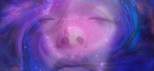 Closeup of a face of a woman with her eyes closed, encased in a swirl of purple sparkly energy